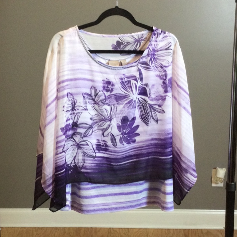 XL Chico’s Easywear Purple Floral Sheer Layered Blouse